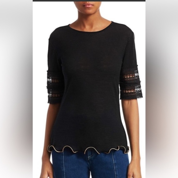 See By Chloe Tops - SEE BY CHLOE Women's Black Thin Knit Eyelet Trimmed Short Sleeve Size XL